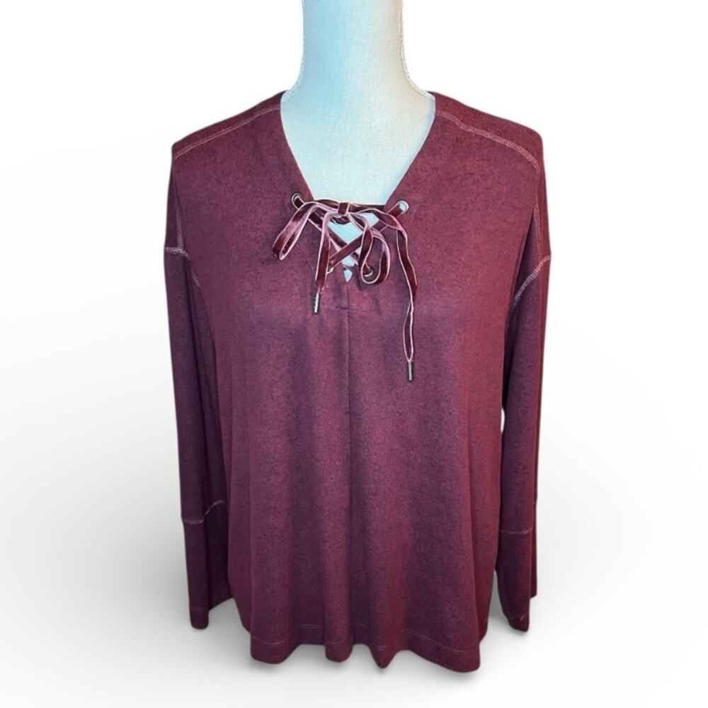 Rails Leigh Port Maroon Velvet Lace Up Long Sleeve Top Relaxed sweater normcore - Picture 2 of 8